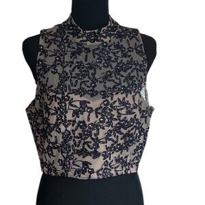 Vintage Women Black Floral Embroidered Rhinestone Crop Top Keyhole Back 13